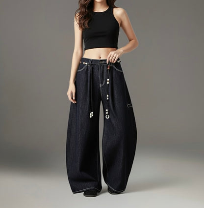 Retro Unique Design Beaded Waist Cord Flared Denim Pants Unisex Loose Slimming Versatile Wide Leg Long Trousers