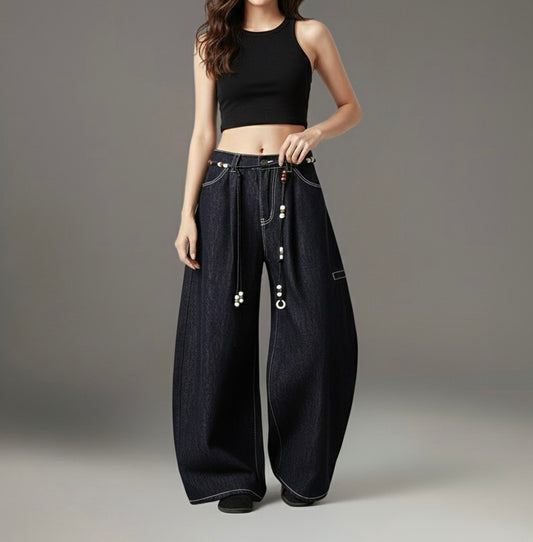 Retro Unique Design Beaded Waist Cord Flared Denim Pants Unisex Loose Slimming Versatile Wide Leg Long Trousers