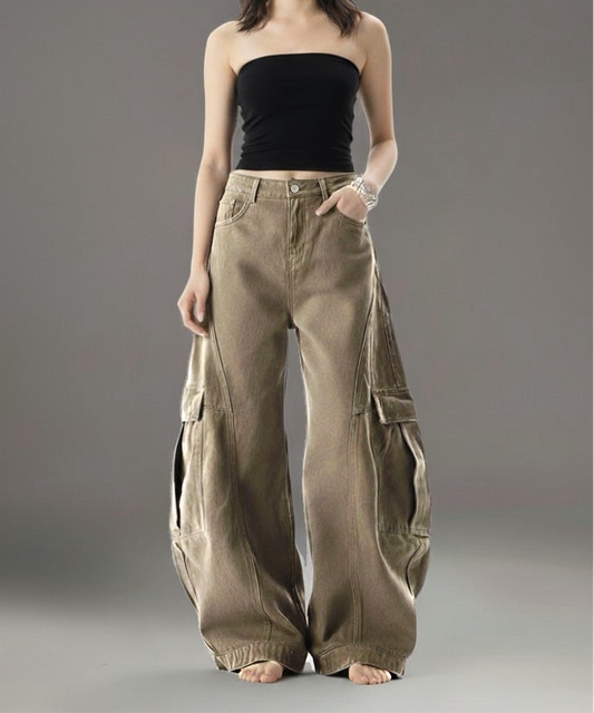 Retro multi pocket deconstructive curved knife jeans