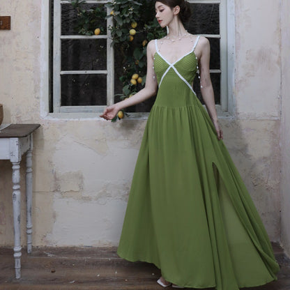 French Fresh Elegant Green V-neck Dress with Strapless Design