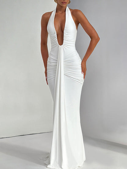 Women's  Pure Color Halter Sleeveless Backless Sexy Dress