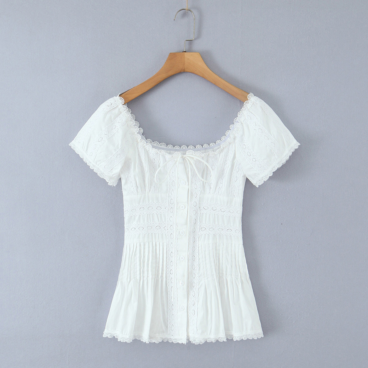 Lace lace square neck slim fit pleated top for women