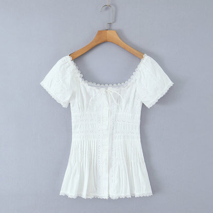 Lace lace square neck slim fit pleated top for women