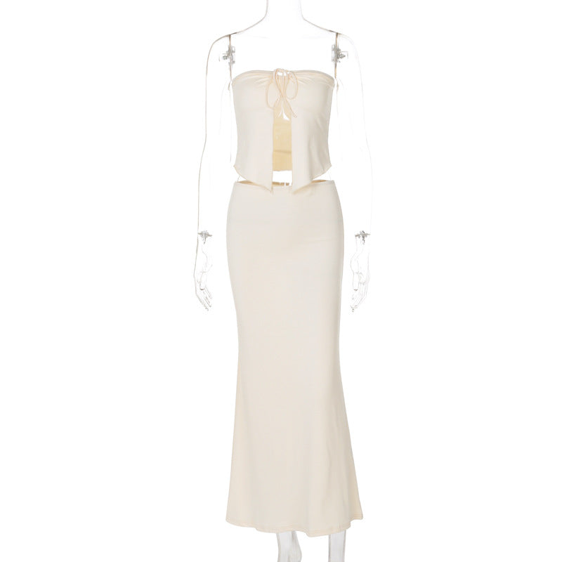 Sexy Spliced Halter Crop Top and Slim Elegant Pencil Long Skirt Set