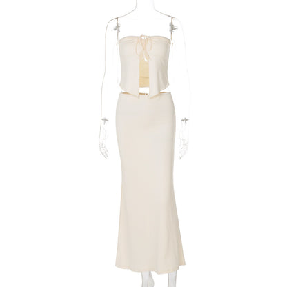 Sexy Spliced Halter Crop Top and Slim Elegant Pencil Long Skirt Set