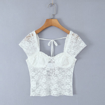 Lace fungus bow sexy perspective T-shirt