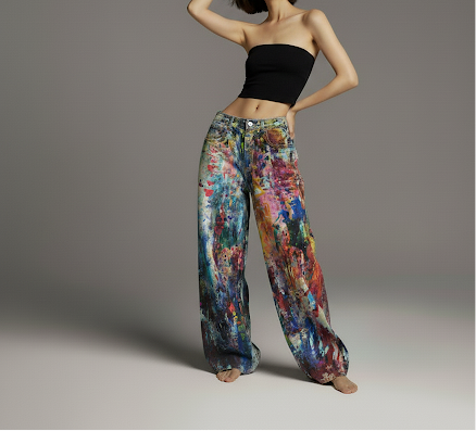 Retro Heavy-Work Design Visual Illusion Print Paint Coating Straight Loose Wide-Leg Jeans for Men and Women