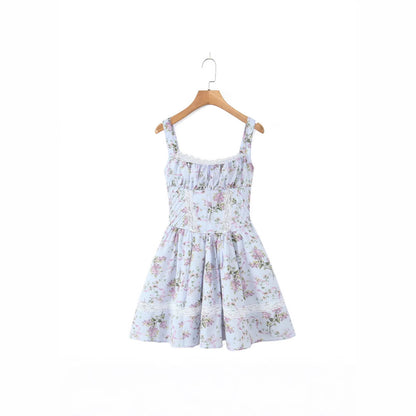 Lace V-neck printed suspender irregular dress short skirt