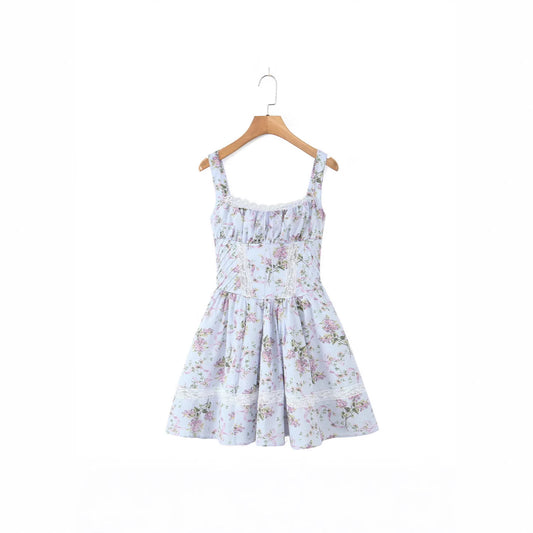 Lace V-neck printed suspender irregular dress short skirt
