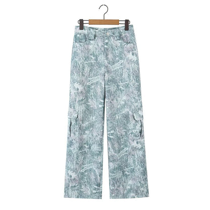 Fashionable pocket workwear low waisted pants denim printed pants