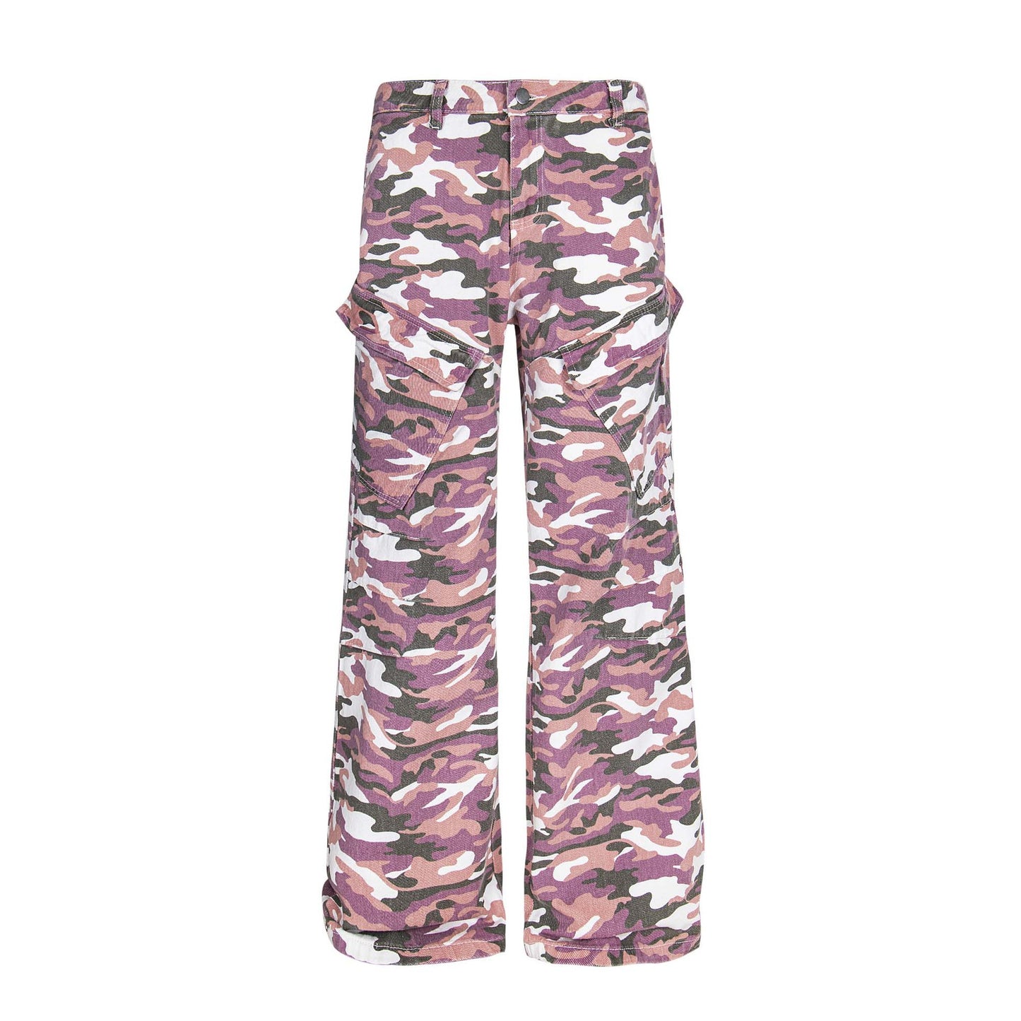 High Street  Style Color Block Multi-Pocket Camouflage Denim Work Pants Unisex Loose Wide Leg Straight Leg Long Pants
