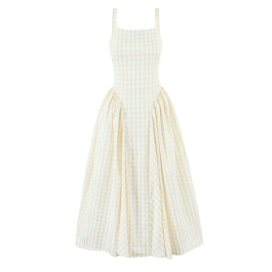 Plaid Elastic Waist Slim Fit Flared Strapless Long Dress