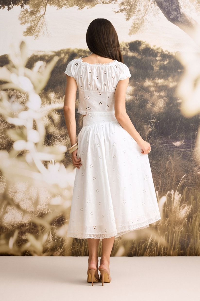 Fashion embroidered hollowed out patchwork top+skirt set for women