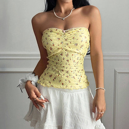 Floral hot girl strapless slim fit bottom vest top