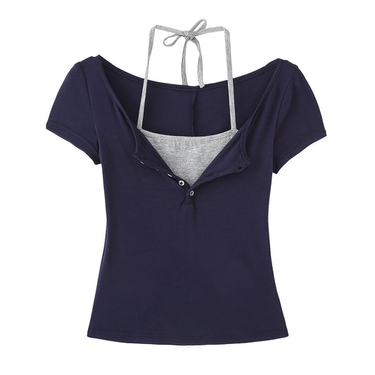 Fake Two-Piece Halter Tie Slim Fit Short Sleeve Top for Women