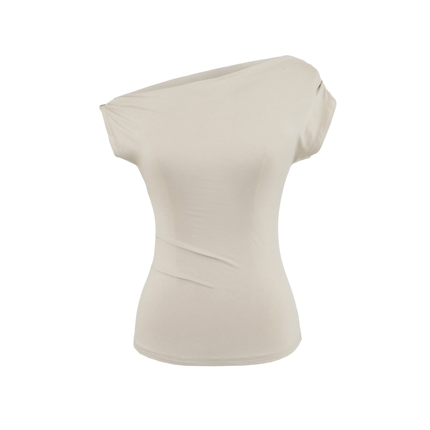 Slant neck off shoulder pleated slim fit short sleeved T-shirt