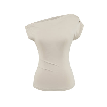 Slant neck off shoulder pleated slim fit short sleeved T-shirt