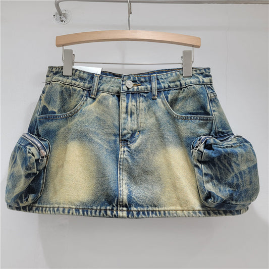 Design Sense Three-Dimensional Zipper Pocket Sweet and Spicy Girl Workwear Denim Short Skirt Women High-Waisted A-Line Skirt