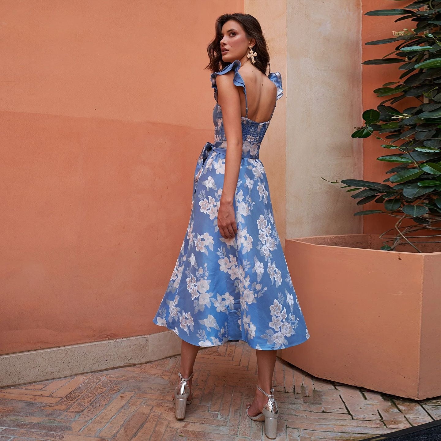 Printed Strap Split Dress Backless Halter Dress for Women
