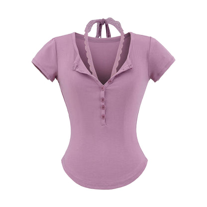 Slim fit V-neck lace short sleeved T-shirt