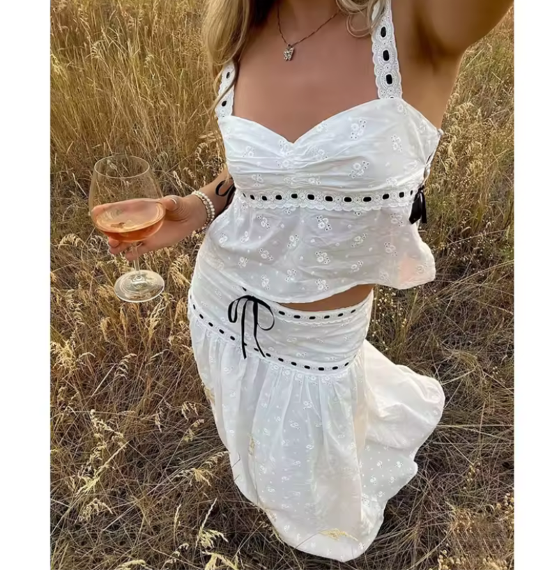 Color blocked lace up suspender+color blocked lace up skirt set for women