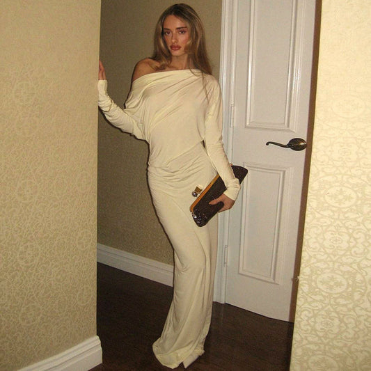 Women's Casual Leisure Off-the-Shoulder Waist-Cinched Solid Color Dress