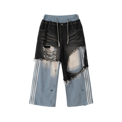 Retro ripped contrasting color patchwork casual pants