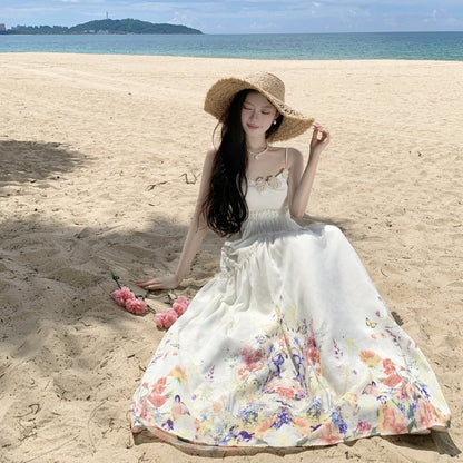Sweet Style Three-Dimensional Flower Strapless Dress Women's Summer Temperament Print Waist-Slimming A-Line Dress