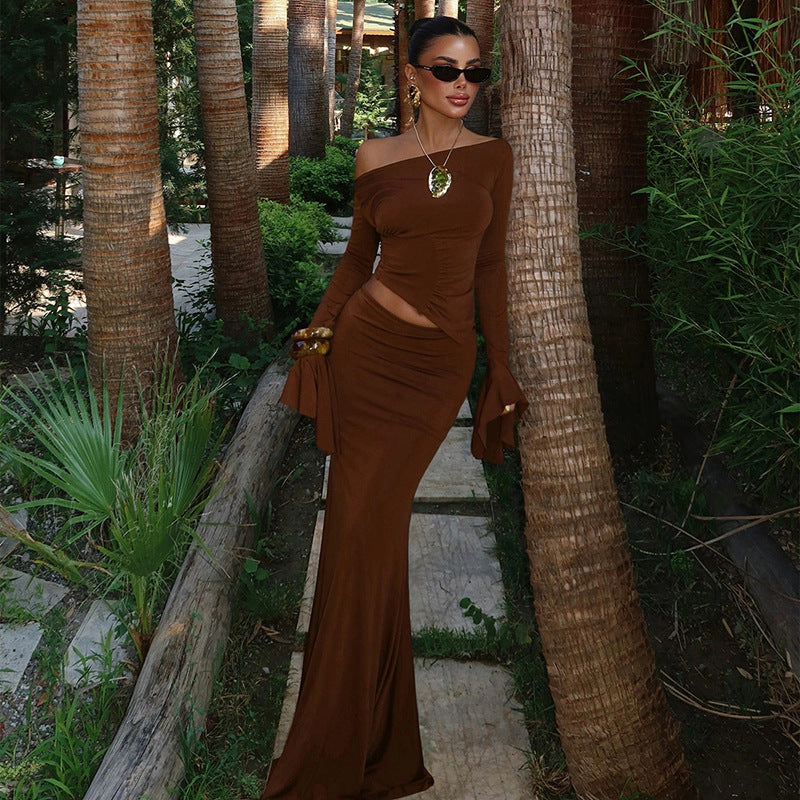 Women's  One-Shoulder Long Sleeve Fitted Mermaid Skirt Set