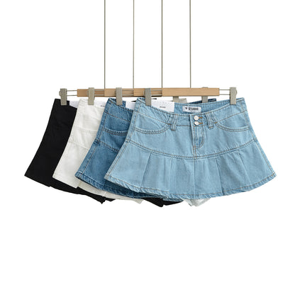 High-Waisted Leg-Lengthening Washed Vintage Two-Button Denim Pleated A-Line Mini Skirt
