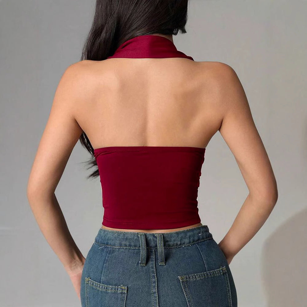 V-neck Halter Pleated Backless Crop Top