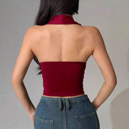 V-neck Halter Pleated Backless Crop Top