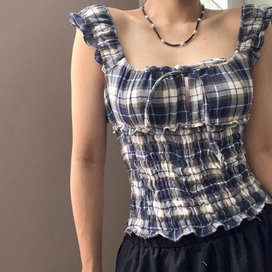 Plaid Strap U-neck Tank Top Women's Slim Fit Undershirt
