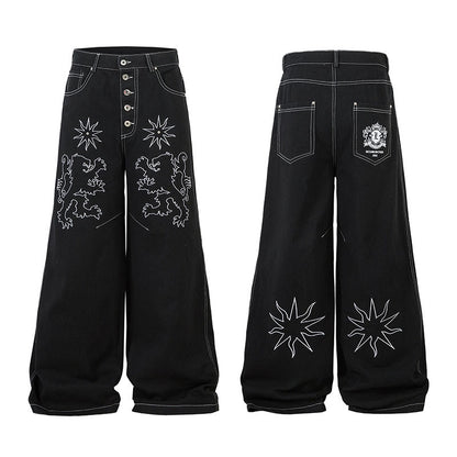 Loose Wide-Leg Floor-Length Denim Trousers for Men and Women