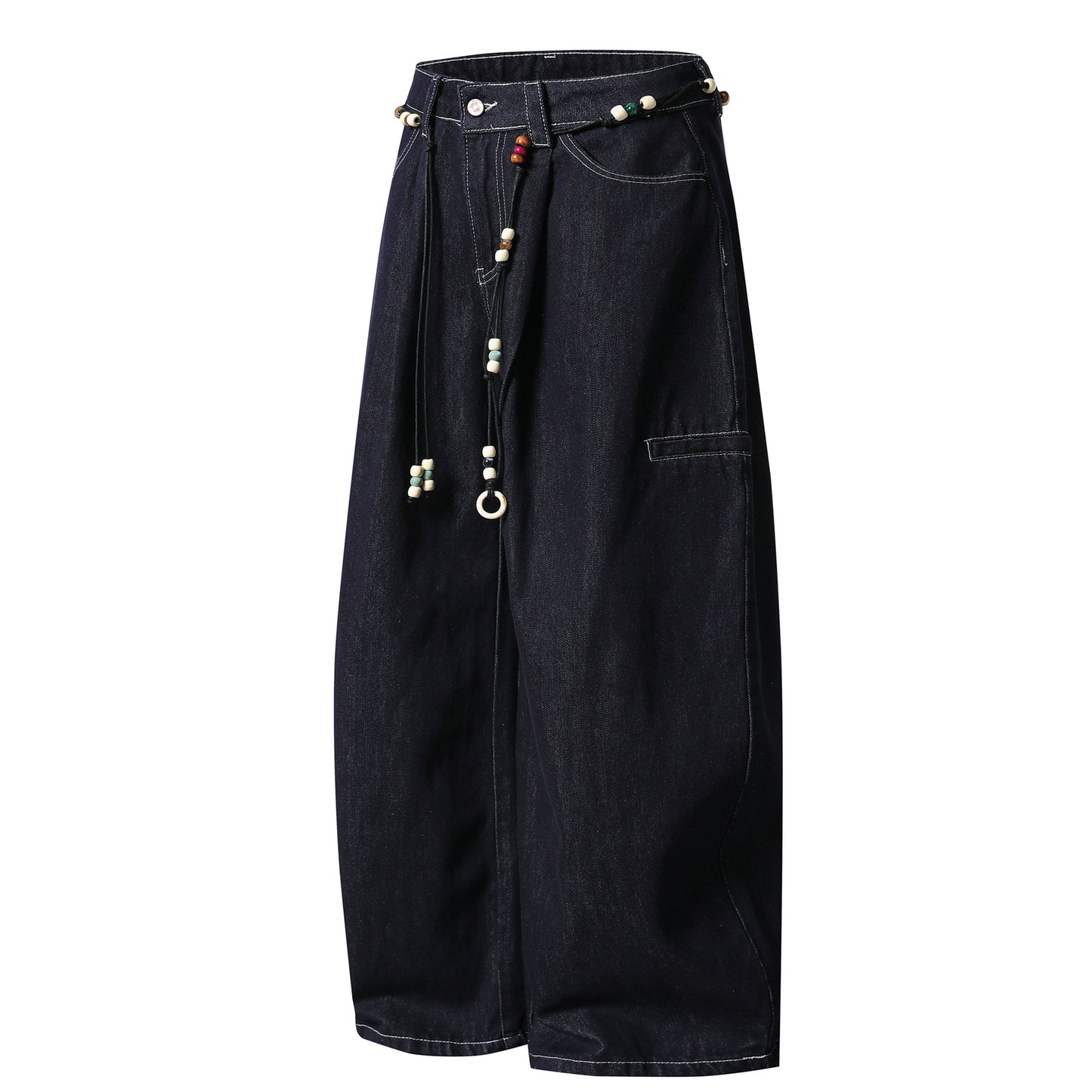 Retro Unique Design Beaded Waist Cord Flared Denim Pants Unisex Loose Slimming Versatile Wide Leg Long Trousers