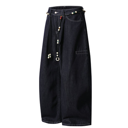 Retro Unique Design Beaded Waist Cord Flared Denim Pants Unisex Loose Slimming Versatile Wide Leg Long Trousers