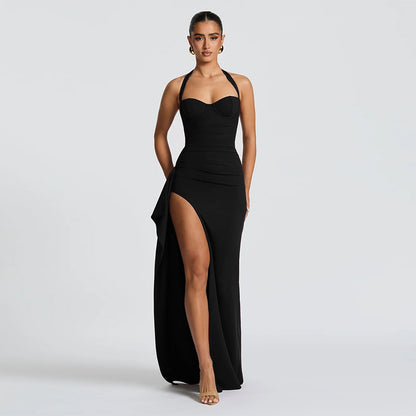 Halter Strap Chest-Emphasizing Slit Ruffle Strapless Dress  New Elegant