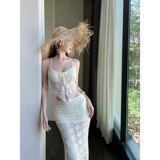 Charming Off-White Fitted Sheer Lace Strapless Skirt Set
