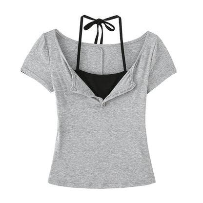 Fake Two-Piece Halter Tie Slim Fit Short Sleeve Top for Women