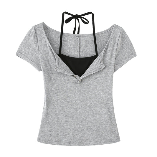 Fake Two-Piece Halter Tie Slim Fit Short Sleeve Top for Women