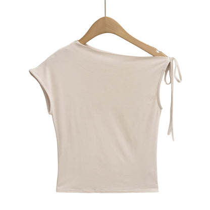 Irregular off shoulder strap slim fit short base top T-shirt