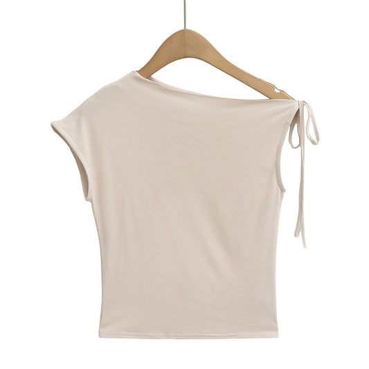 Irregular off shoulder strap slim fit short base top T-shirt