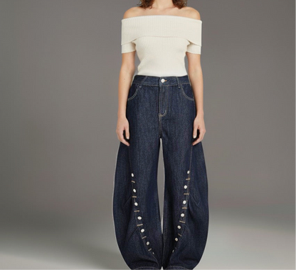 High Street  Pleated Button Decorated Flared Denim Pants Unisex Loose Wide Leg Straight Long Trousers