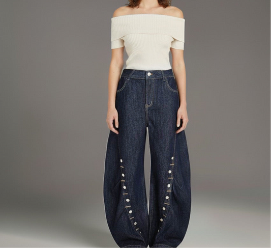 High Street  Pleated Button Decorated Flared Denim Pants Unisex Loose Wide Leg Straight Long Trousers