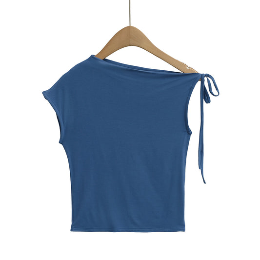 Irregular off shoulder strap slim fit short base top T-shirt