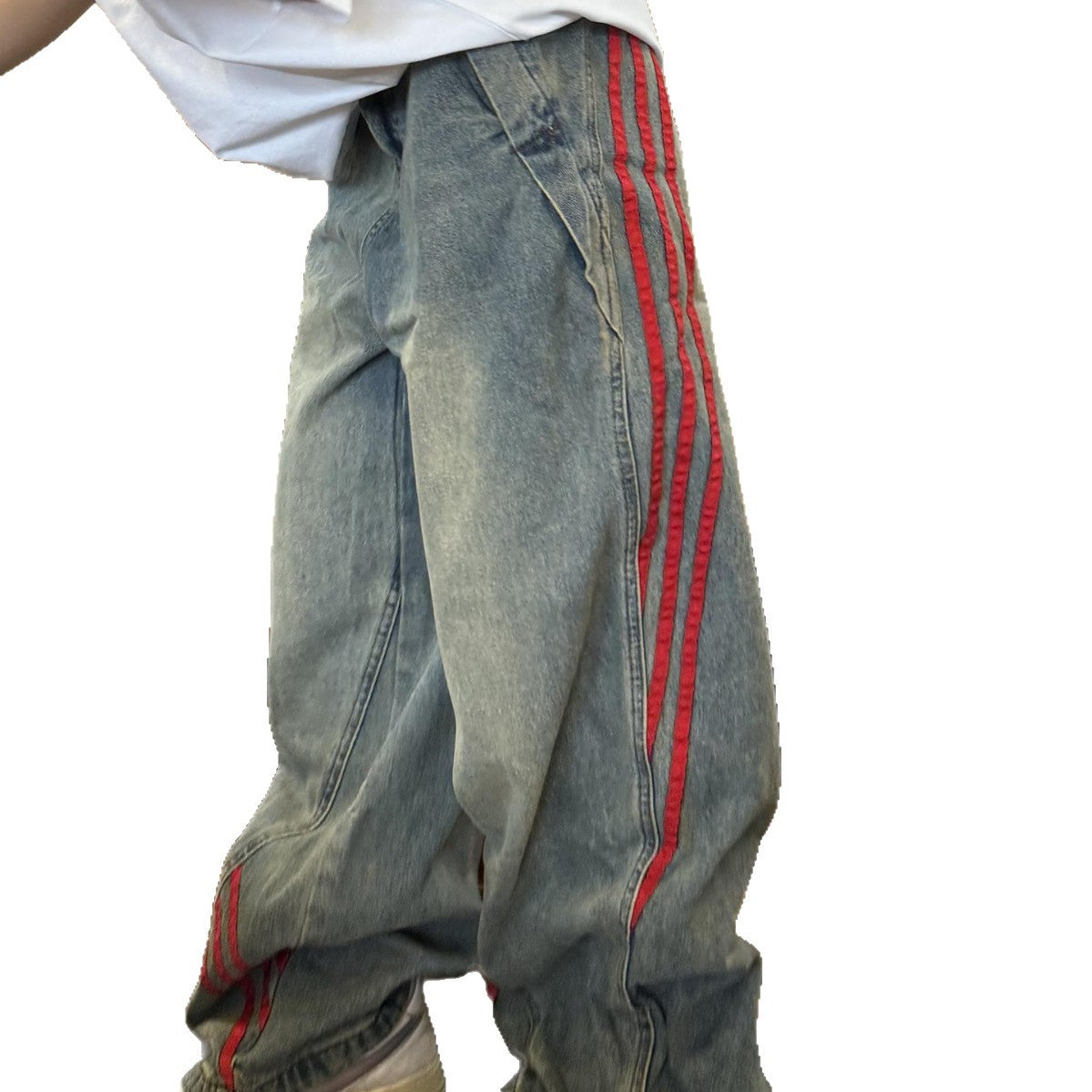 Side striped contrasting splicing for vintage denim straight leg wide leg pants