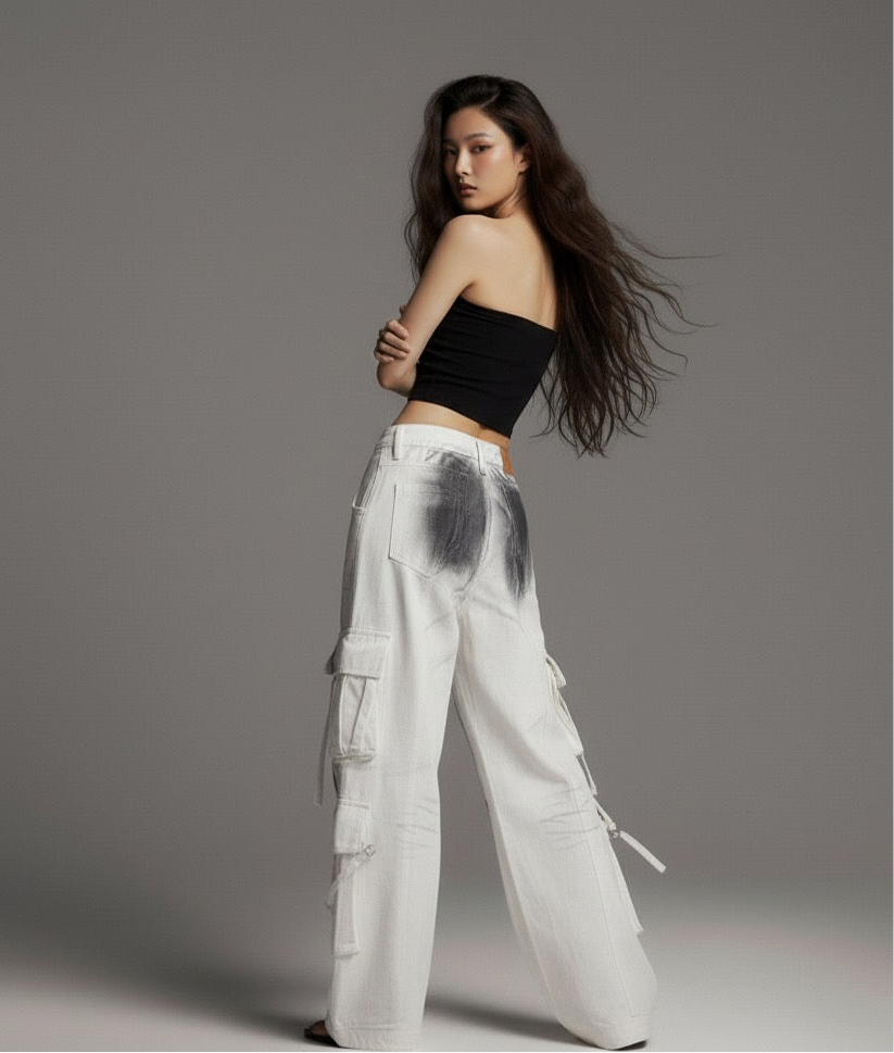 Trendy High Street Design Spray Ink Ribbon Dirty Denim Pants Men's Retro Vibe Style Unique Wide Leg Work Trousers