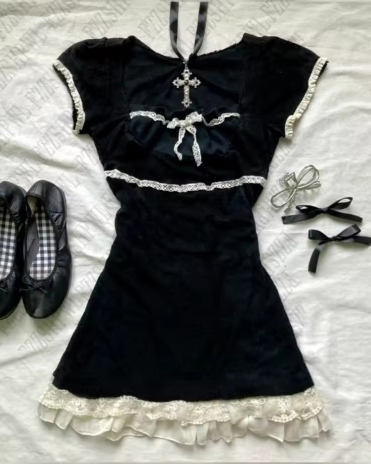 Short Sleeve Lace Retro Fashion Slim Waist-Cinching Versatile Plaid Dress