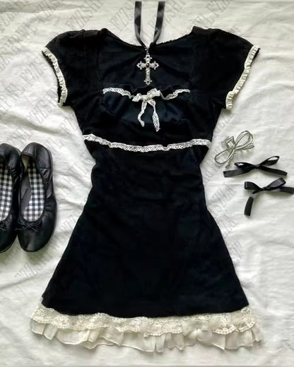 Short Sleeve Lace Retro Fashion Slim Waist-Cinching Versatile Plaid Dress