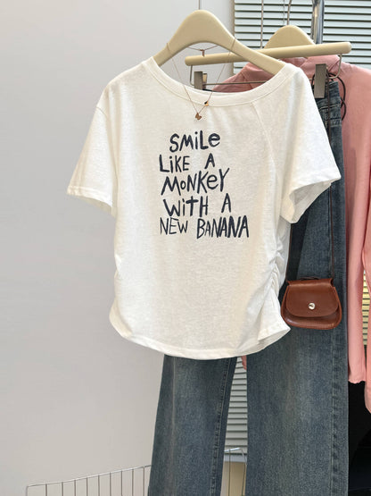 Cotton Pleated Waist Short Sleeve T-Shirt Women's Slim Korean Version Sexy Off-Shoulder Top